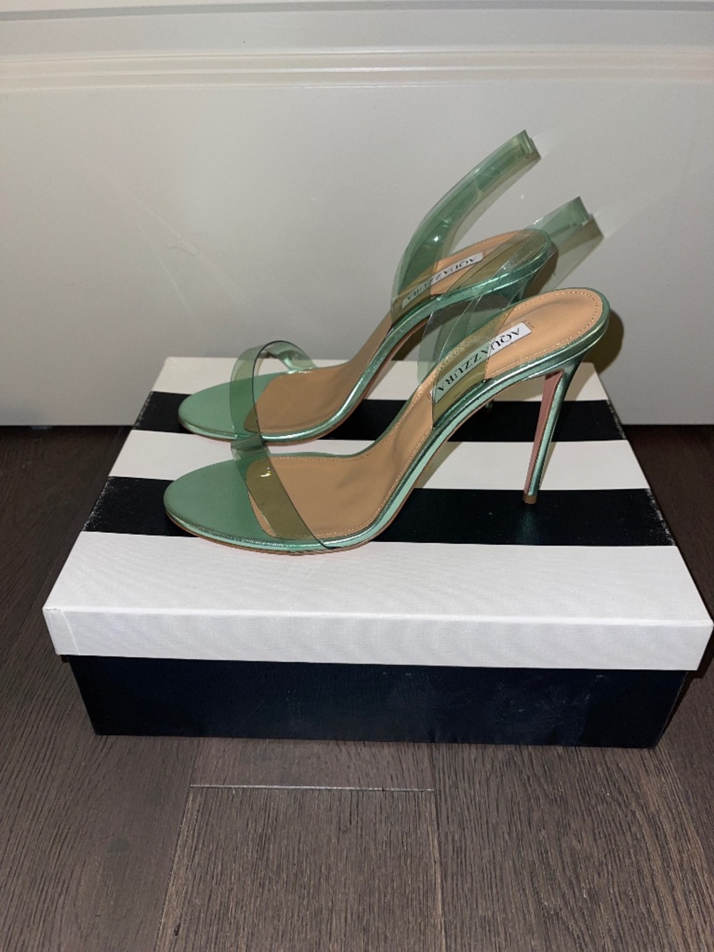 Aquazurra So Nude Plexi Sandal 105 Nappa Laminata/PVC in Cool Mint